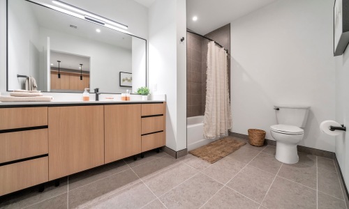 Bathroom options with thoughtful details Spacious well-lit bathroom with a large mirror